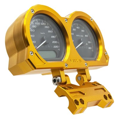 Gold anodized. 
Compatible with Vity's Design adjustable risers only. Used to replace the stock dual plastic instrument holder for high quality CNC machined billet aluminum holder that is a perfect style match with Vity's adjustable risers. The gauge holder offers infinite angle adjustments to optimize your view on the gauges and can be installed above the riser clamp, or when rotating 180°, below the riser clamp. 
Note: Instruments not included, designed to take OEM instruments. 