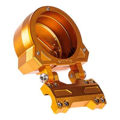 Gold anodized. 
Compatible with Vity's Design adjustable risers only. Used to replace the stock single plastic instrument holder for high quality CNC machined billet aluminum holder that is a perfect style match with Vity's adjustable risers. The gauge holder offers infinite angle adjustments to optimize your view on the gauges and can be installed above the riser clamp, or when rotating 180°, below the riser clamp. 