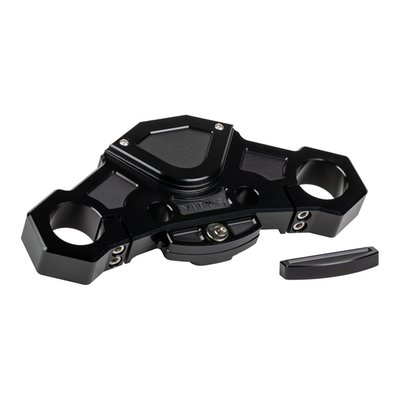 Gloss black anodized finish. 
With steering lock. 
Direct upgrade replacement for the stock upper (top) triple tree fork clamp. CNC machined from one piece of billet aluminum in the recognizable Vity's Design style. This top clamp is better flex resistant and offers superior strength with an overall reduction in weight. A direct fit for the stock 49mm forks. A perfect base for a front end upgrade and perfect to combine with other style matching Vity's Design products. 