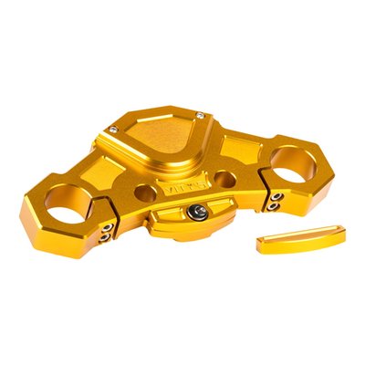 Gold anodized finish. 
With steering lock. 
Direct upgrade replacement for the stock upper (top) triple tree fork clamp. CNC machined from one piece of billet aluminum in the recognizable Vity's Design style. This top clamp is better flex resistant and offers superior strength with an overall reduction in weight. A direct fit for the stock 49mm forks. A perfect base for a front end upgrade and perfect to combine with other style matching Vity's Design products. 