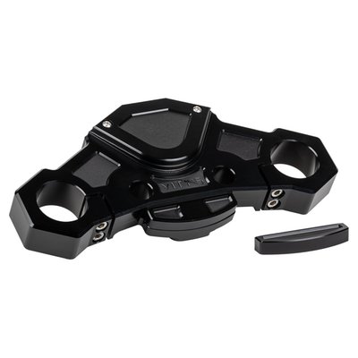 Gloss black anodized finish. 
Without steering lock. 
Direct upgrade replacement for the stock upper (top) triple tree fork clamp. CNC machined from one piece of billet aluminum in the recognizable Vity's Design style. This top clamp is better flex resistant and offers superior strength with an overall reduction in weight. A direct fit for the stock 49mm forks. A perfect base for a front end upgrade and perfect to combine with other style matching Vity's Design products. 