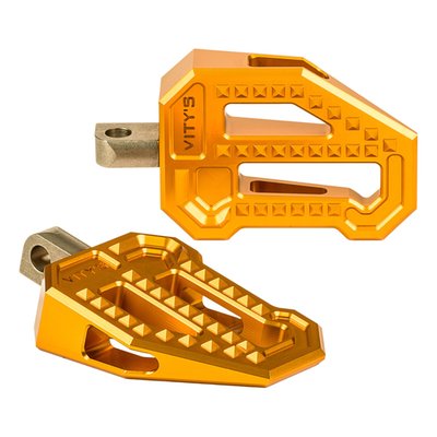 Gold anodized finish.
Small aggressive BMX style pegs for performance in the Vity's Design style. CNC precision machined from billet aluminum bar for an excellent strength/weight ratio. Bottom angled for maximum ground clearance. The 'Big Diamond' cut pattern provides the required foot grip. Great to style match with other Vity's Design products.