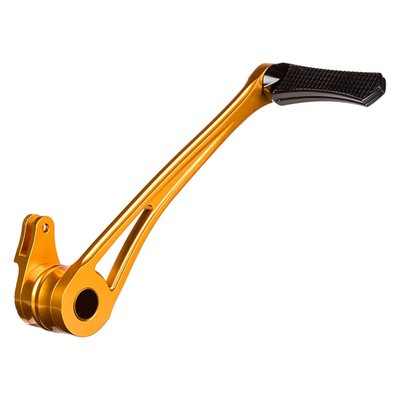 Gold anodized finish. 4-axis CNC machined from billet aluminum. Vity's Design manufactures products for those not shy of some attention. Designed as a balanced mix between the refined grace of classic elegance and a radical retro head turner. Apart from the visual stimulance, Vity's attention to detail is nothing less than extraordinary. For those on route to glamour and grace, these are the brake arms that'll help you brake into previously unknown custom levels. Perfect to style match with other Vity's Design 'Diamond' products. 
Note: Will not fit models with fairing lowers.