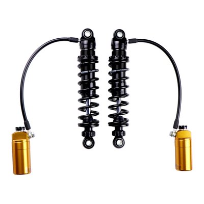 This is the fully adjustable Öhlins STX Pro. Building on the success of the popular HD 044 model, this update features a refined all-black design with Öhlins’ signature gold reservoirs and adjuster nuts. It retains the same range of adjustment options, now with black hoses, revamped billet compression adjuster knobs, and the iconic “Ö” logo on the reservoir.
The STX Pro offers confidence-inspiring stability and handling, with enhanced bump compliance and an exceptionally plush ride quality. Upgrade your bike with this must-have shock and experience the difference of Öhlins suspension.
With ½” ID bushings for easy installation, no sleeves required. The shocks include Öhlins-branded, anodized aluminum bracket arms for rear-mounted installation and a preload adjustment tool.
- Black springs
- Black body
- Piston diameter: 36mm
- S: Single tube body
- H: Mono type high pressure gas type shock with hose mounted external reservoir
- R1: Adjustable rebound damping. Adjuster wheel above the end eye
- C1: Adjustable compression damping. Adjuster wheel or slot on the reservoir
- L: Adjustable length
- Length: 310.5 mm
- Oil: Öhlins 1309
- Spring: MCS 962663 / Öhlins 66420-026
- Spring Rate: 26 N/mm
- Stroke: 78.5 mm
- Adjustable rebound and compression damping
- Multiple spring rates available
- Hard-anodized, CNC-machined components
- Length adjustable by 1/2” (51mm)
- High-pressure nitrogen gas charged
- Adjustable preload with billet tool
- Low-friction shaft and seal head design
- Fully serviceable and repairable
- Fits with Tour-Pak
- Includes brackets for reservoirs