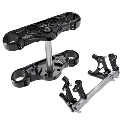 Designed to be used with Öhlins 961994 (note) or 961993 (note) inverted forks only. When you have already updated your front end with a set of Öhlins 961994 or 961993 inverted forks, this is one more conversion upgrade that is to be considered. This Kraus SX5 Component Kit will replace the standard H-D triple trees with a high end precision engineered high performance set-up with improved geometry is CNC machined from solid 6061 billet aluminum. Bolt-on installation with all required installation hardware to run factory/stock wheels*, brakes* and bodywork. In combination with the Öhlins inverted forks your Low Rider tracking, stability, stiffness and braking is improved, giving performance riders confidence to push their pace. 
This kit includes Kraus SX5 triple trees, Kraus radial brake mounts, and Kraus fender mounts. 
Note*: Compatible with 108mm radial brake fitment only. 
Note: The SX5 Front End Component Kit comes with a 25mm axle. If your bike has a 1"(25.4mm) wheel axle you will need to convert the wheel bearings to 25mm. 
Note: Please contact Motorcycle Storehouse Tech Support before you add Öhlins 961994 or 961993 inverted fork to your order. Tech Support can advise you on correct spring set-up for a specific rider weight and mods. 