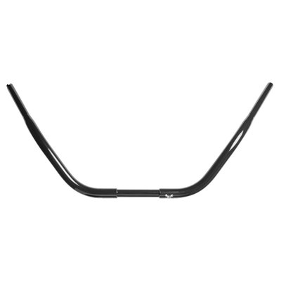 Gloss black powder coated. 1-1/4" oversized tubing that tapers smoothly towards the 1" handlebar control area. Dimpled and drilled for external or internal wiring. Inspired by the classic beach cruiser bars, with super wide bends and a generous pullback for easy cruising. 
Dimensions: Dimensions: 4.25" (11cm) high x 38.5" (98cm) width x 15.5" (40cm) pullback x 10" (25.4cm) center width. 