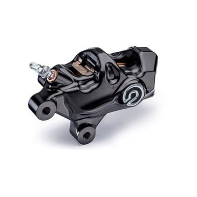 Left side front caliper. 
Black hard anodized with clear contrast cut 'Brembo' logo. 
4-piston caliper, with 32mm pistons. 
Bolt-on fitment for OEM H-D fork forks, to replace OEM caliper. 
Comes with brake pads 'Shape C'. 
Note: Brembo advises not to use these calipers on ABS equipped models, unless the ABS system is removed. 
Tech details: 
- 69mm center to center mount holes 
- 34mm offset 
- 32mm Ø aluminum pistons 
- CNC machined aluminum 2-piece body 
- Hard anodized finish 
- Weight (without pads) 845 gram 
- For DOT 4 brake fluid 
- Incl. steel hardware 
- Incl. brake pad springs 
- Incl. sintered brake pads 
- For replacement brake pads 'Shape C' see (996235) 