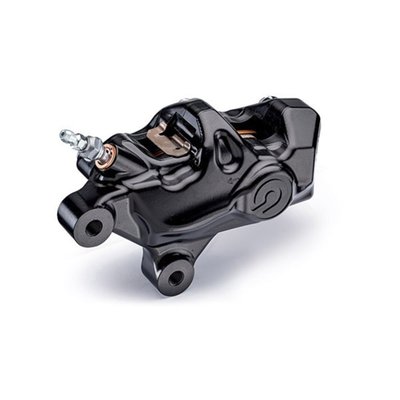 Right side front caliper. 
Black hard anodized with red 'Brembo' logo. 
4-piston caliper, with 32mm pistons. 
Bolt-on fitment for OEM H-D fork forks, to replace OEM caliper. 
Comes with brake pads 'Shape C'. 
Note: Brembo advises not to use these calipers on ABS equipped models, unless the ABS system is removed. 
Tech details: 
- 69mm center to center mount holes 
- 34mm offset 
- 32mm Ø aluminum pistons 
- CNC machined aluminum 2-piece body 
- Hard anodized finish 
- Weight (without pads) 845 gram 
- For DOT 4 brake fluid 
- Incl. steel hardware 
- Incl. brake pad springs 
- Incl. sintered brake pads 
- For replacement brake pads 'Shape C' see (996235) 