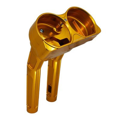 Gold anodized CNC machined aluminum. . 10" (25.4cm) risers for 1" (25.4mm) handlebars with a 1-1/2" (3.8cm) pullback to provide the proper mix of comfort & control. The innovative design relocates the factory gauges to the riser top clamp which ensures a clear view of the navigation screen. Integrated hidden wire design keeps your handlebar section clean. Note 1: Requires the removal of OEM plastic gauge nacelle. Note 2: Also compatible with aftermarket front ends.