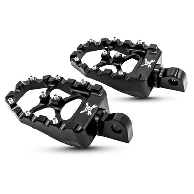 - Satin black powder coated steel 
- Square-shaped for a modern twist on the classic motocross aesthetic 
- Etched with the iconic Burly Brand logo for a distinctive look 
- Crafted from lightweight, high-quality aluminum alloy for optimal performance 
- CNC machined to precision, ensuring durability and a sleek finish 
- Adjustable clevis system for personalized positioning 
- Set screws provide secure foot-traction for various riding styles 
