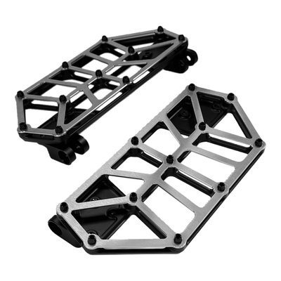 Black anodized CNC machined billet aluminum with brushed Stainless Steel top plate. The contrasting black 'spikes' give excellent no-slip foot grip. A smashing design, ready to lift your bike to the next custom level. 
- Extremely light (0.8 lbs. /  263 grams each) with enhanced foot traction 
- Includes installation hardware 
- Dimensions: 10" long, 4.5" wide, 0.6" thick. 
Note: Kodlin's NXL Mini Floorboards (997830) are available as style matching passenger floorboards. The required 993868 floorboard adapter set must be purchased separately. 