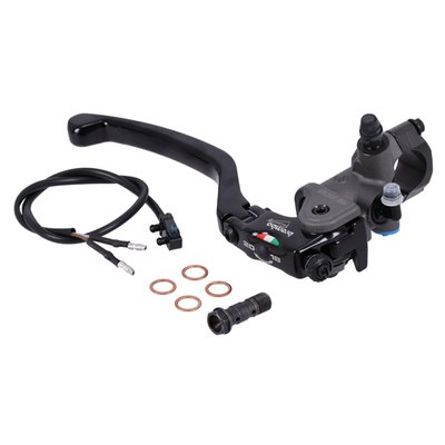 For Dual Disc models. 
Brake handlebar master cylinder with black lever with grey body. 
M10 x 1.0 threaded with double banjo bolt included. 
For 1" diameter handlebars. 
Brake light switch included. 
Forged aluminum alloy with CNC machining. Comes with a hard anodized gray body and black lever. By turning a roller cam the lever pivot point can be set  at 18 or 20mm. The piston, seals and the pushrod are identical to the ones as used in MotoGP and World Superbike. The patented lever hinge system allows movement in case of a crash only, helping to prevent damage beyond the lever. 
Note: When required Micro brake light switch must be ordered separately as 999415. 