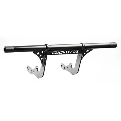 Uncoated stainless steel crash bar (engine guard), the Cult-Werk Clubstyle way. 
Bolt-on installation ease. 
Comes with engraved black aluminum end caps. 
Run it for style, to perfect the Clubstyle performance look and to help protect the bike in unwanted events. 
5-axis CNC controlled machining and drilling for a perfect fit. 
Mounts to existing mounting holes, no modifications required.  
Note: For optional end caps see 998019 protective black nylon, replacement 998020 front engraved black aluminum end caps, 998018 gold anodized spacers for use with 998020 end caps