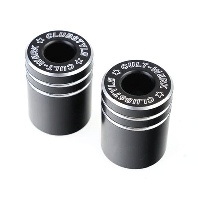 Black anodized aluminum end caps with a contrast cut engraved 'Cult-Werk' & 'Clubstyle' lettering. Used to detail style your original Cult-Werk 998017 'Clubstyle' crash bar. Even better contrast looks in combination with the optional 998018 gold anodized end cap spacers. 45mm long.