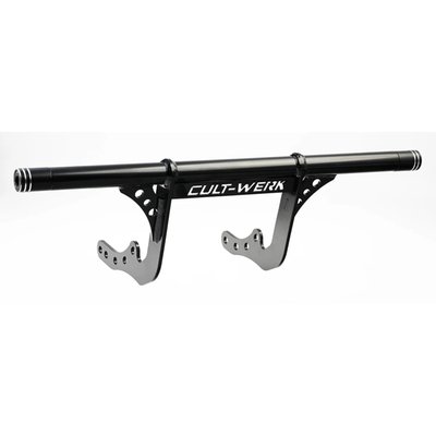 Gloss black powder coated steel crash bar (engine guard), the Cult-Werk Clubstyle way.
Bolt-on installation ease.
Comes with engraved black aluminum end caps.
Run it for style, to perfect the Clubstyle performance look and to help protect the bike in unwanted events.
5-axis CNC controlled machining and drilling for a perfect fit.
Mounts to existing mounting holes, no modifications required.
Note: For optional end caps see 998019 protective black nylon, replacement 998020 front engraved black aluminum end caps, 998018 gold anodized spacers for use with 998020 end caps