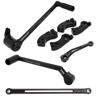 CNC machined billet aluminum. 
Moves the floorboard and foot control position 3" (7.6cm) further forward for taller riders. 
Kit includes: Solo shift arm, brake arm, inner shift lever, shift rod and floorboard brackets. 
- Shifter includes a matching billet spacer 
- Shift rod comes with hydraulically pressed spherical bearings, no need for regular heim joints for an ultra clean look. 
Note: Floorboard brackets are designed specifically for Arlen Ness® floorboards. 