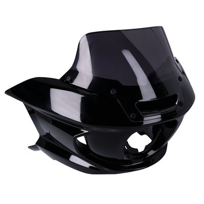 Custom version of the OEM style Low Rider fairing. Unpainted gloss black ABS with tinted windshield. 
OEM replacement references 57001562 fairing, 57300375 miscellaneous bodywork seal, 11100285 isolation pad air duct, 57400587 windshield assembly. 
Note: See 998289 fairing bracket mount kit, which must be purchased separately to install fairing and headlamp.  Additionally OEM headlamp trim ring kit 67700629 must be purchased separately when the OEM ST headlamp is reused. 
Note: This is not a bolt-in kit, modifications are required. 