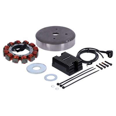Cycle Electric Inc. Alternator kits combine our state of the art stators with our legendary bullet proof rectifying regulators. This  complete charging kit includes:
-Stator x1 
-Rotor x1
-Regulator x1
-Hardware misc.