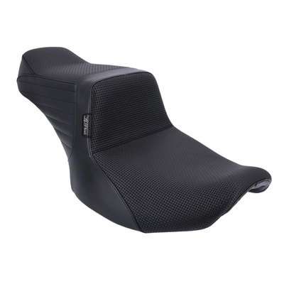 Rider seat area 12.25" wide, passenger seat area 7.75" wide. Basket Weave stitch upholstery. Built with LePera’s Marathon Foam on a steel base plate for maximum stability and comfort. The whipped tail improves passenger lower back support. That, combined with the unrivaled high arching back support for the rider makes this a serious in contender when it comes to a mix of style and comfort.