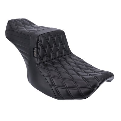 Rider seat area 12.25" wide, passenger seat area 7.75" wide. Double Diamond stitch upholstery. Built with LePera’s Marathon Foam on a steel base plate for maximum stability and comfort. The whipped tail improves passenger lower back support. That, combined with the unrivaled high arching back support for the rider makes this a serious in contender when it comes to a mix of style and comfort.