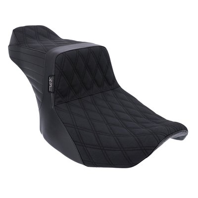Gripp seating. Rider seat area 12.25" wide, passenger seat area 7.75" wide. Double Diamond stitch upholstery. Built with LePera’s Marathon Foam on a steel base plate for maximum stability and comfort. The whipped tail improves passenger lower back support. That, combined with the unrivaled high arching back support for the rider makes this a serious in contender when it comes to a mix of style and comfort. 
Note: This seat comes with Gripp Seating. A 'Gripp Tape' style upholstery used to help prevent you from sliding on the seat when torque and horsepower kick in. It provides additional grip but still allows you to reposition yourself on long trips. 