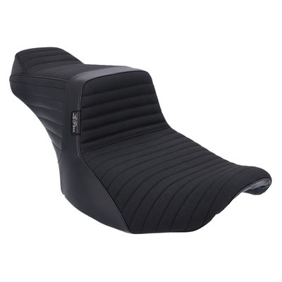 Gripp seating. Rider seat area 12.25" wide, passenger seat area 7.75" wide. Pleated stitch upholstery. Built with LePera’s Marathon Foam on a steel base plate for maximum stability and comfort. The whipped tail improves passenger lower back support. That, combined with the unrivaled high arching back support for the rider makes this a serious in contender when it comes to a mix of style and comfort. 
Note: This seat comes with Gripp Seating. A 'Gripp Tape' style upholstery used to help prevent you from sliding on the seat when torque and horsepower kick in. It provides additional grip but still allows you to reposition yourself on long trips. 