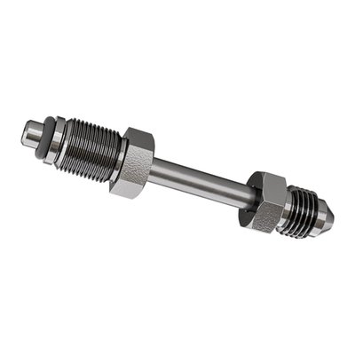 Adapter to fit the hydraulic transmission end cover. Will allow the use of regular hydraulic brake line. 7/16-20 UNF threaded for transmission and handlebar master cylinder end. 3/8"-24 AN-3 threaded for brake line connection. High polished stainless steel.