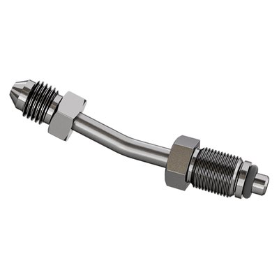 Polished stainless steel. 
Fits the hydraulic transmission end cover. Will allow the use of regular hydraulic brake line. 7/16-20 UNF threaded for transmission end. 3/8"-24 AN-3 threaded for clutch line connection.