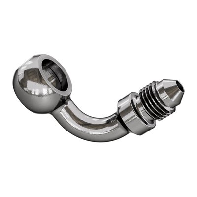 90 degrees Banjo fitting, 10mm - 3/8". High polished stainless steel.