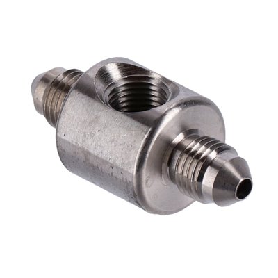 High polished stainless steel hose end to hose end. 
With male 3/8-24 an-3 on both sides. 
On top threaded to fit 1/8" NPT threaded hydraulic brake switch
