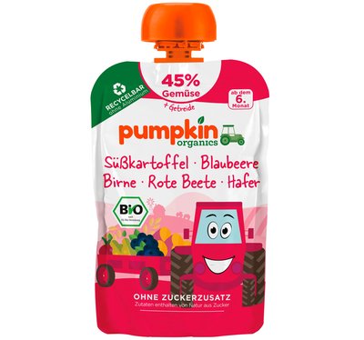 Bild von Pumpkin Organics Quetschie Süßkartoffel, Blaubeere, Birne, Rote Beete & Hafer