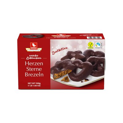 Bild von Weiss Lebkuchen Herzen, Sterne und Brezeln Zartbitter