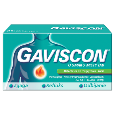 Gaviscon o smaku mięty TAB 250 mg + 133,5 mg + 80 mg tabletki do rozgryzania i żucia
