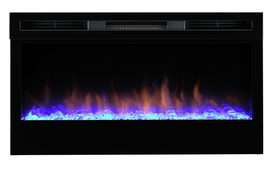 Prism lineaire elektrische haarden vormen een sprankelende toevoeging aan je muur. De vlammen komen uit een bed met een diamantachtige decoratie die in vele kleuren kan worden verlicht.