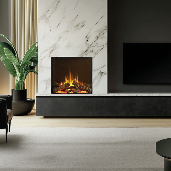 Aspire: een portret haard met prachtige vlammen, pulserende houtblokken en knisperende houtgeluiden.