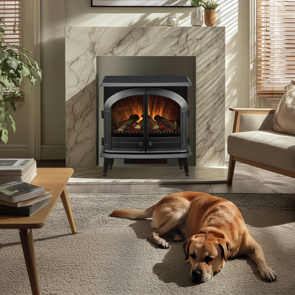 Klassiek uiterlijk, moderne haard met vlameffecten en slimme bediening.