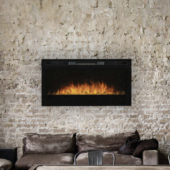 Prism lineaire elektrische haarden vormen een sprankelende toevoeging aan je muur. De vlammen komen uit een bed met een diamantachtige decoratie die in vele kleuren kan worden verlicht.