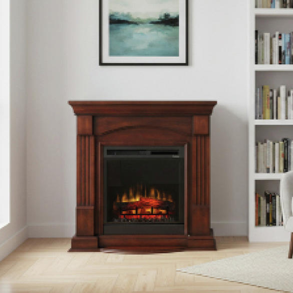 Een elegante haard met een afwerking in klassiek walnootfineer, maar dan wel met moderne technologie.