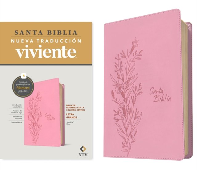 Biblia de referencia en la columna central NTV, letra grande con Filament (SentiPiel, Rosa, Letra Roja)