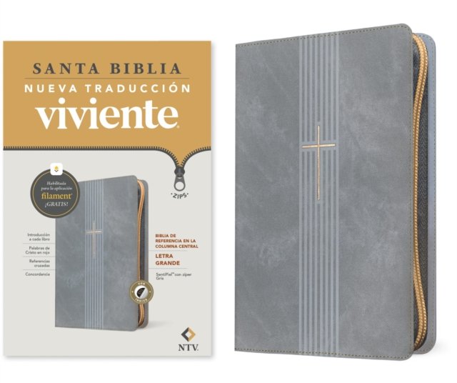 Biblia de referencia en la columna central NTV, letra grande de zíper con Filament (SentiPiel, Gris, Índice, Letra Roja)
