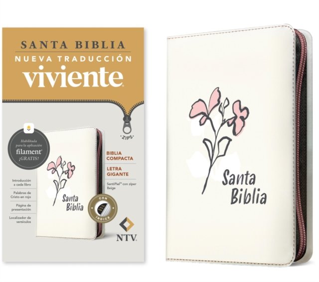 Biblia compacta NTV, letra gigante de zíper con Filament  (SentiPiel, Beige, Índice, Letra Roja)