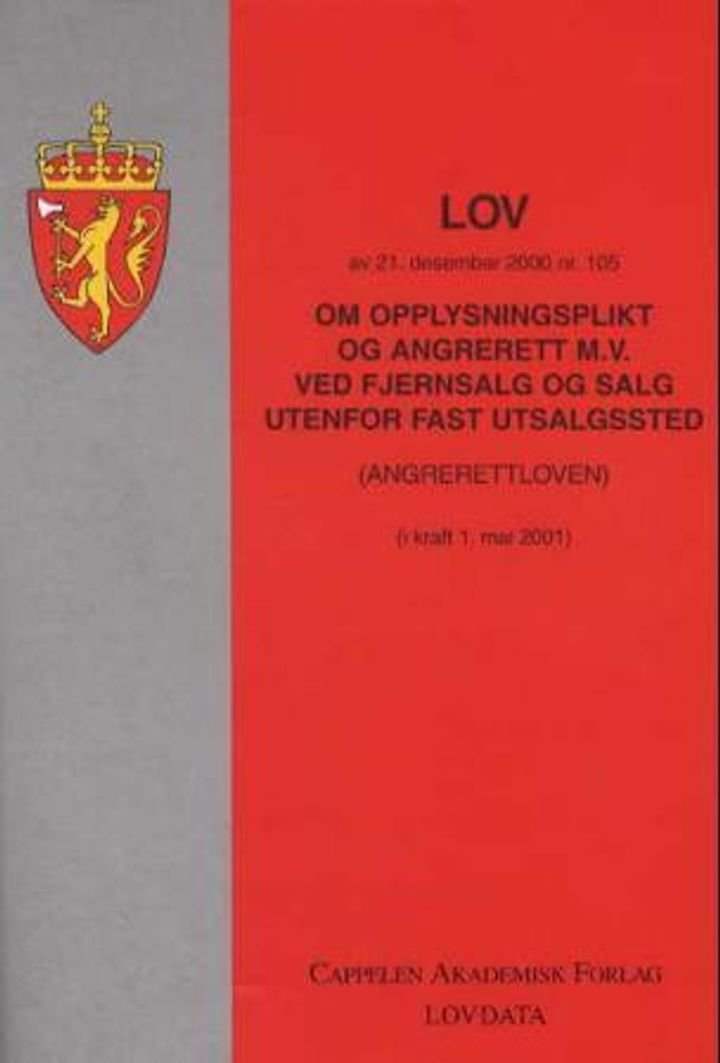 Lov om opplysningsplikt og angrerett m.v. ved fjernsalg og salg utenfor fast utsalgssted (angrerettloven) av 21. desember 2000 nr. 105 - Med endringer, sist ved lov av 9. mai 2003 nr. 28 (i kraft 1. juni 2003) : samt forskrift