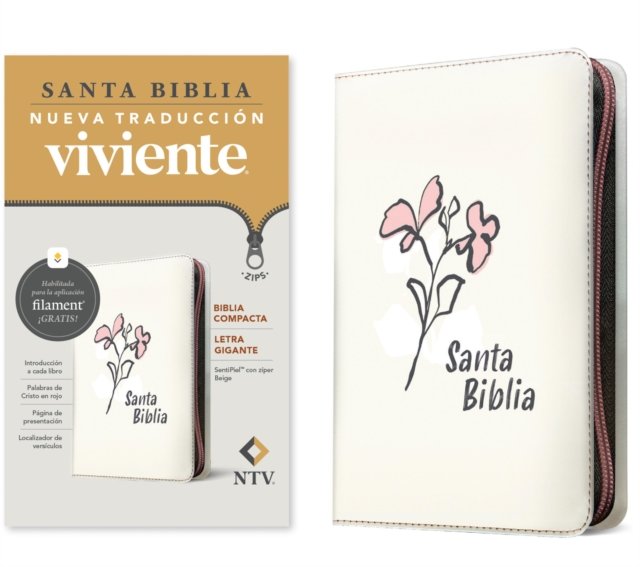 Biblia compacta NTV, letra gigante de zíper con Filament  (SentiPiel, Beige, Letra Roja)