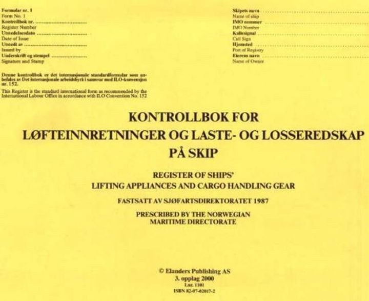 Kontrollbok for løfteinnretninger og laste- og losseredskap på skip = Register of ships' lifting appliances and cargo handling gear