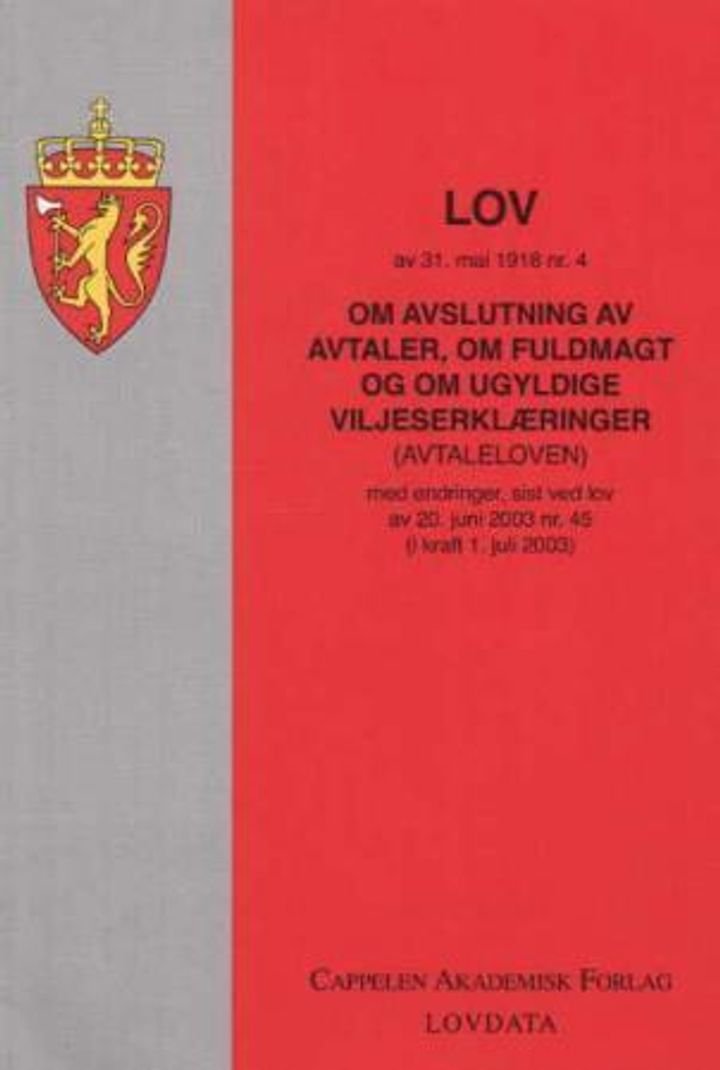 Lov om avslutning av avtaler, om fuldmakt og om ugyldige viljeserklæringer (avtaleloven) av 31. mai 1918 nr. 4 - med endringer, sist ved lov av 5. september 2003 nr. 92 (i kraft 1. januar 2004)