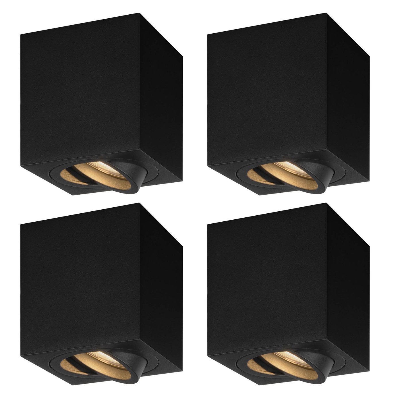 4x Dæmpbar LED Påbygningsspot – Firkantet – Sort – 3W – 2700K – Vippelig