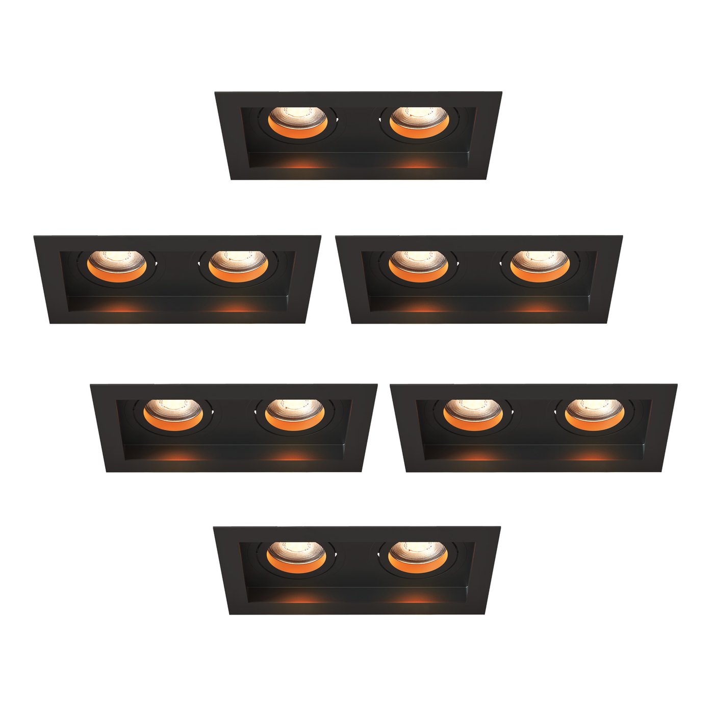 Dimbare LED Inbouwspots - Zwart - Dubbel - Rechthoek - 3W - 2700K - 345 Lumen - 185x100mm - 6 pack
