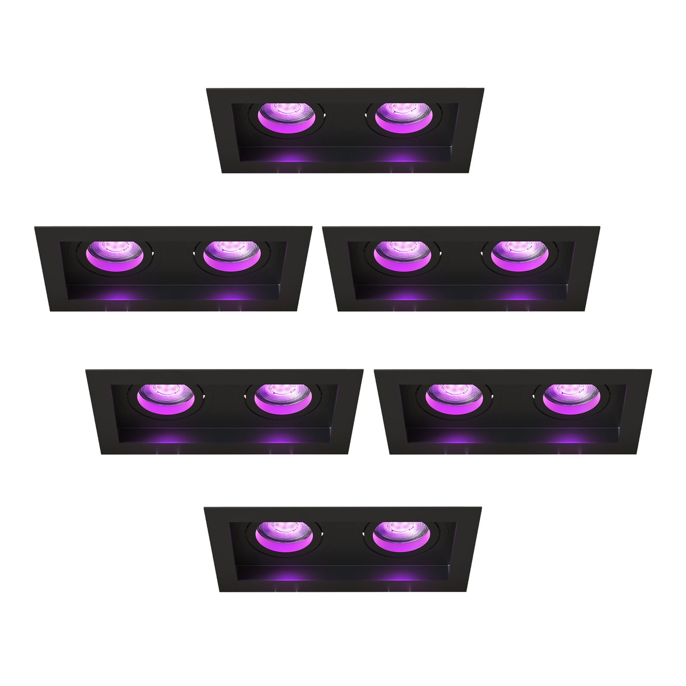 Dimbare LED Inbouwspots - Zwart - Dubbel - Rechthoek - 4.9W - RGB+CCT - 345 Lumen - 185x100mm - 6 pack