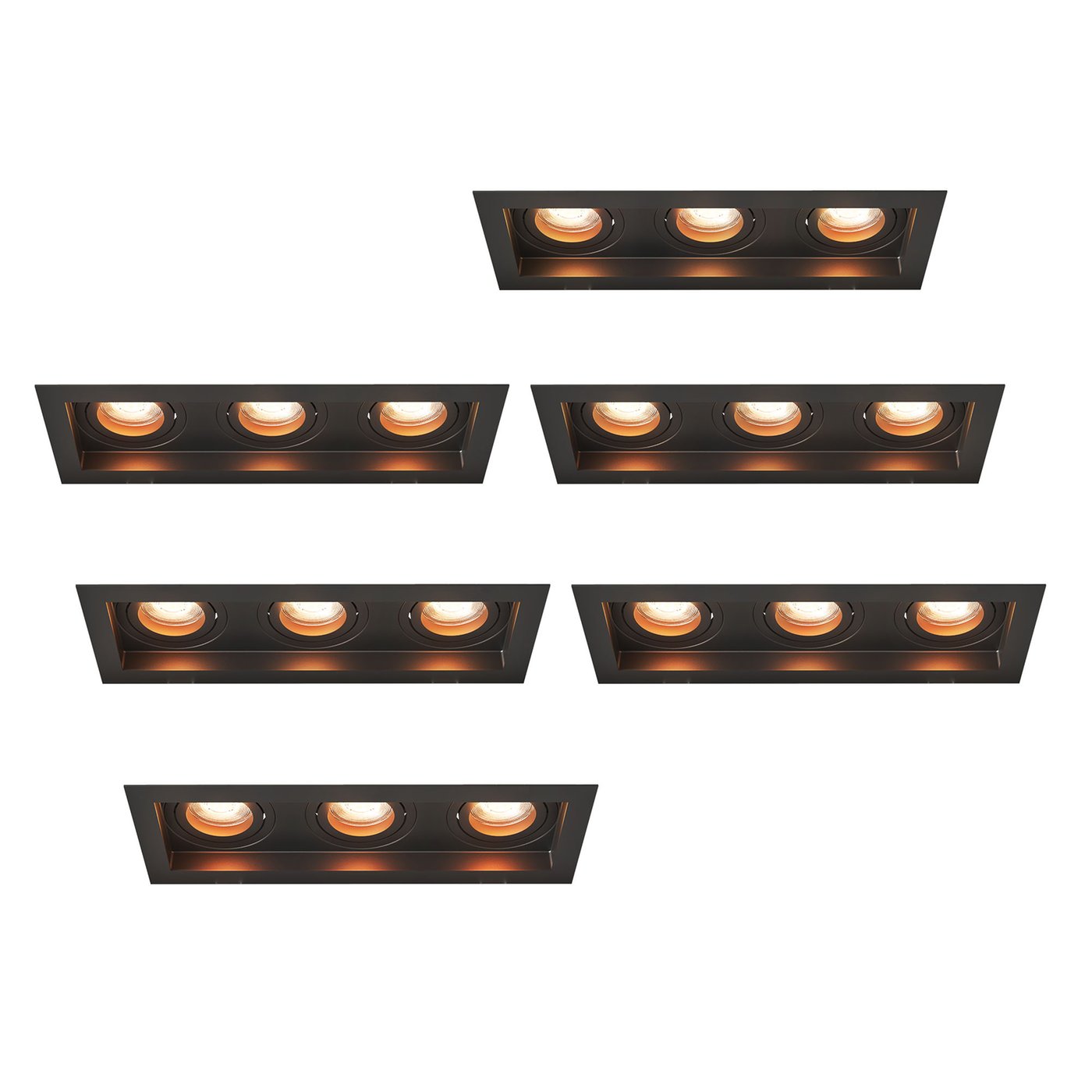 Dimbare LED Inbouwspots - Zwart - Triple - Rechthoek - 3W - 2700K - 345 Lumen - 270x100mm - 6 pack