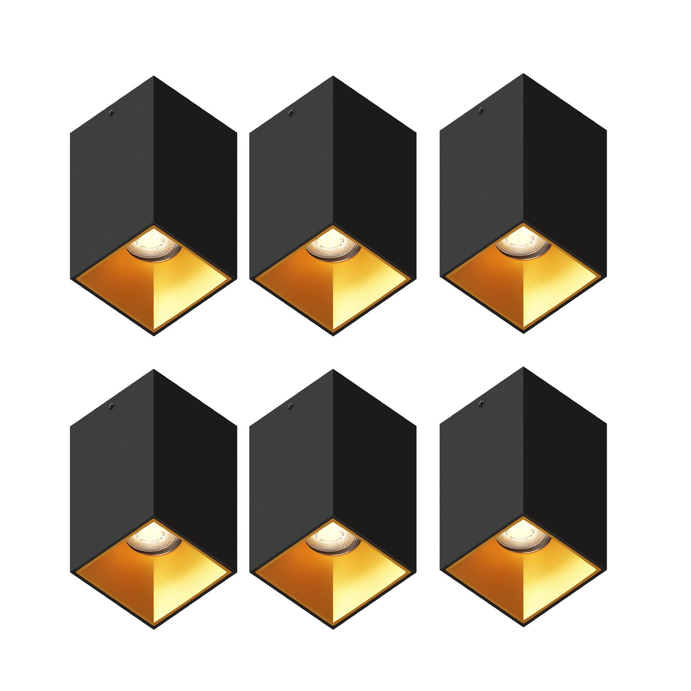LED Opbouwspots dimbaar - Zwart / Goud - Vierkant - 3W - 2700K - 345 Lumen - 80x80mm - 6 pack